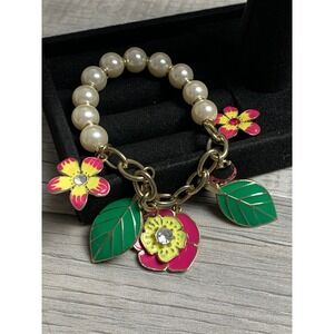 Gold Tone Faux Pearl Enamel Flower Ladybug Leaf Stretch Charm Bracelet 6in